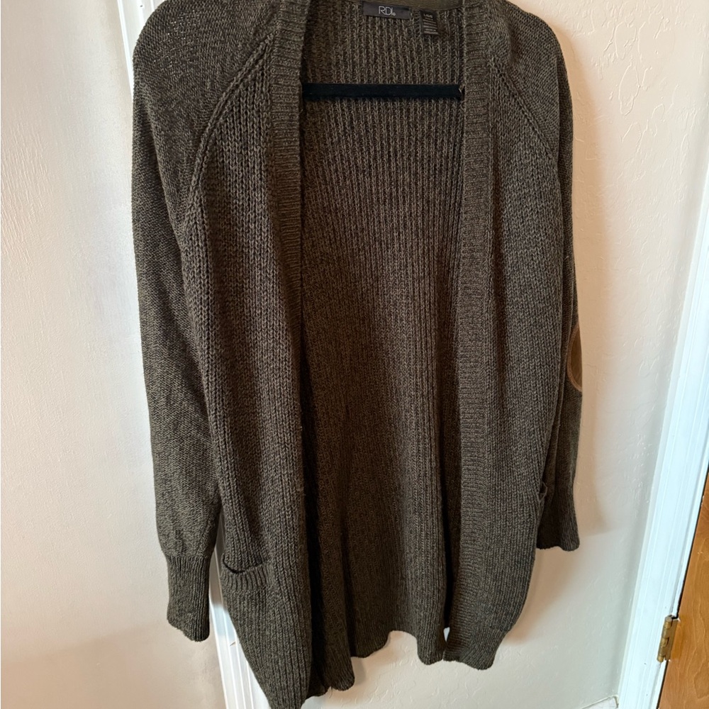 RDI green Cardigan Sweater knit with elbow patches